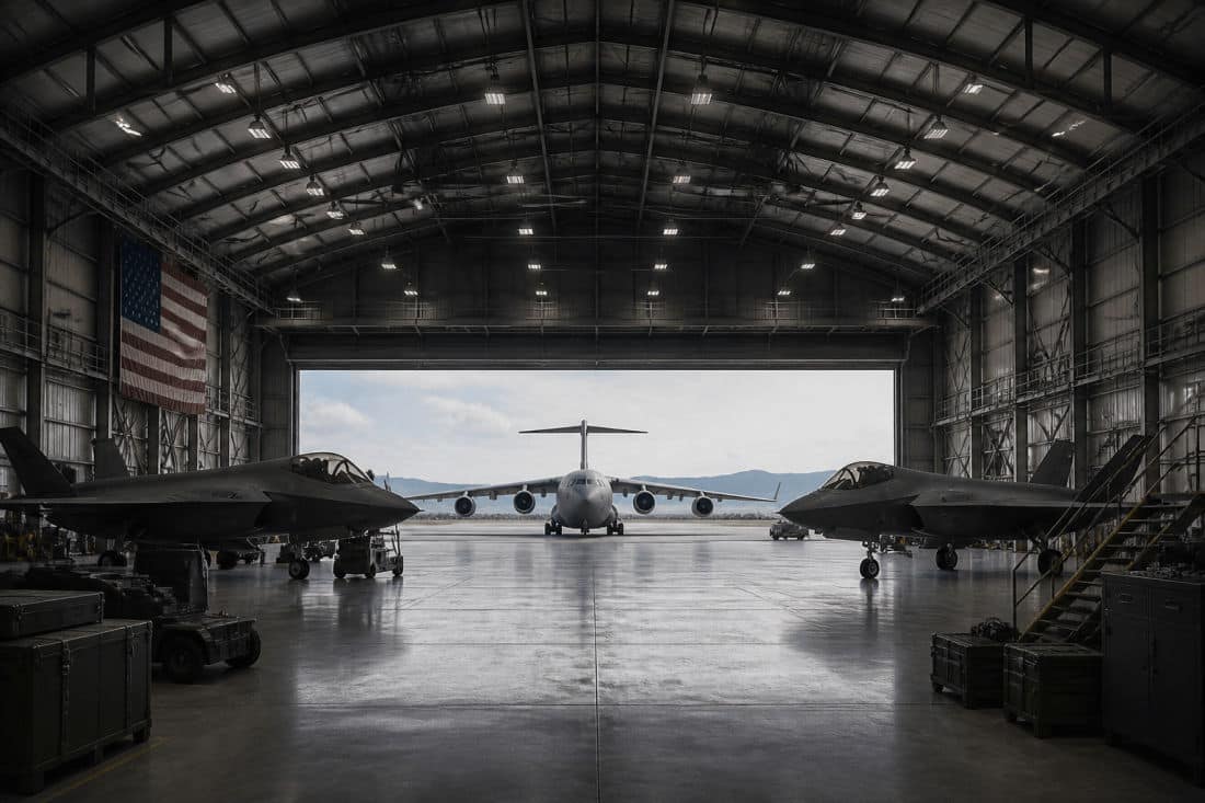 Military aircraft in a hangar, illustrating a defence tender case